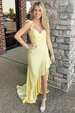 Glitter Yellow Spaghetti Straps Mermaid Beaded Long Corset Prom Dress with Ruffles