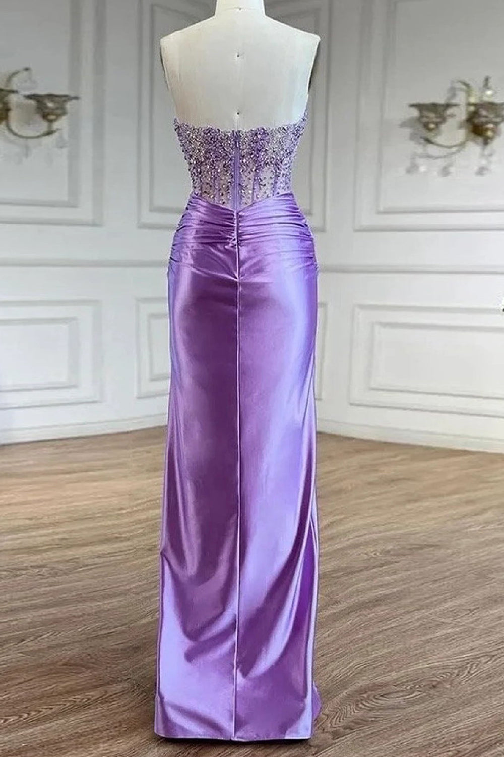 Purple Sweetheart Mermaid Ruched Satin Long Corset Prom Dress with Beading