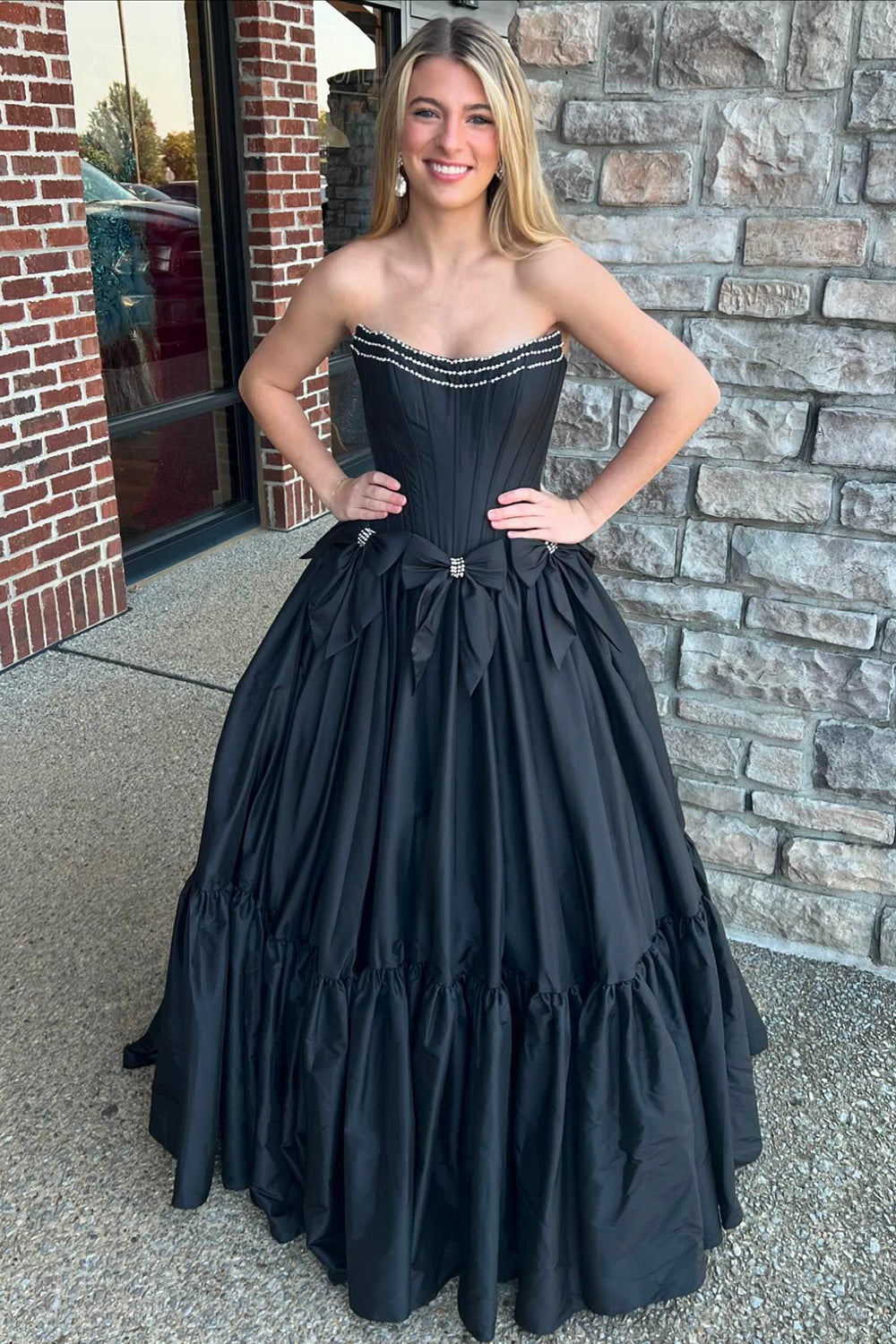 Black Strapless A-Line Satin Long Corset Prom Dress with Bows
