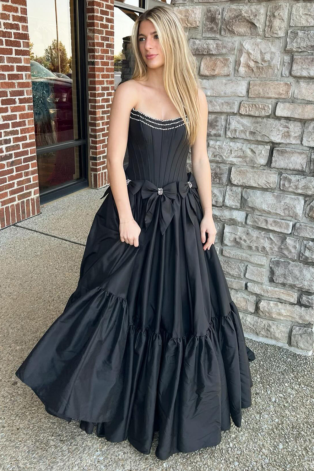 Black Strapless A-Line Satin Long Corset Prom Dress with Bows