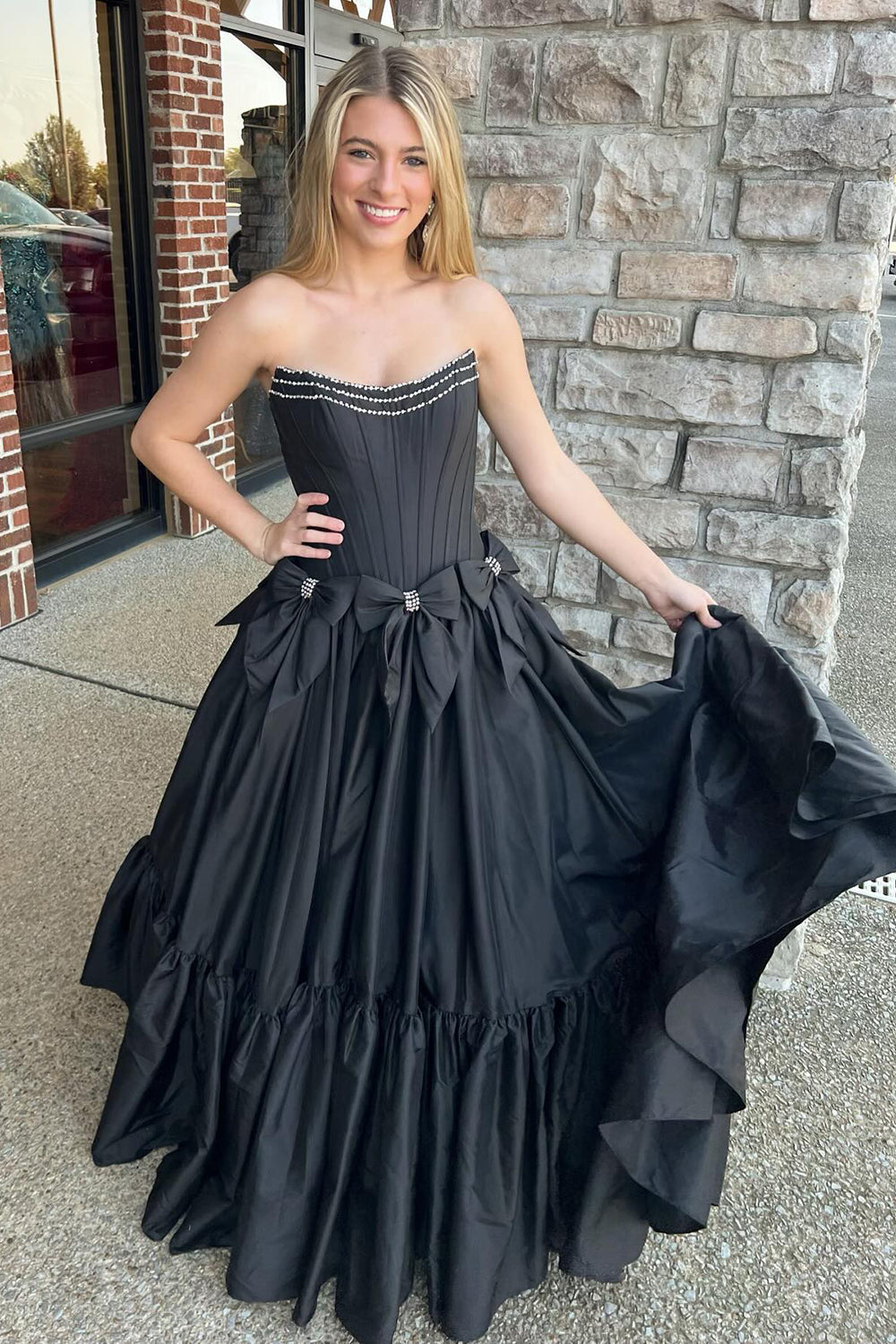 Black Strapless A-Line Satin Long Corset Prom Dress with Bows