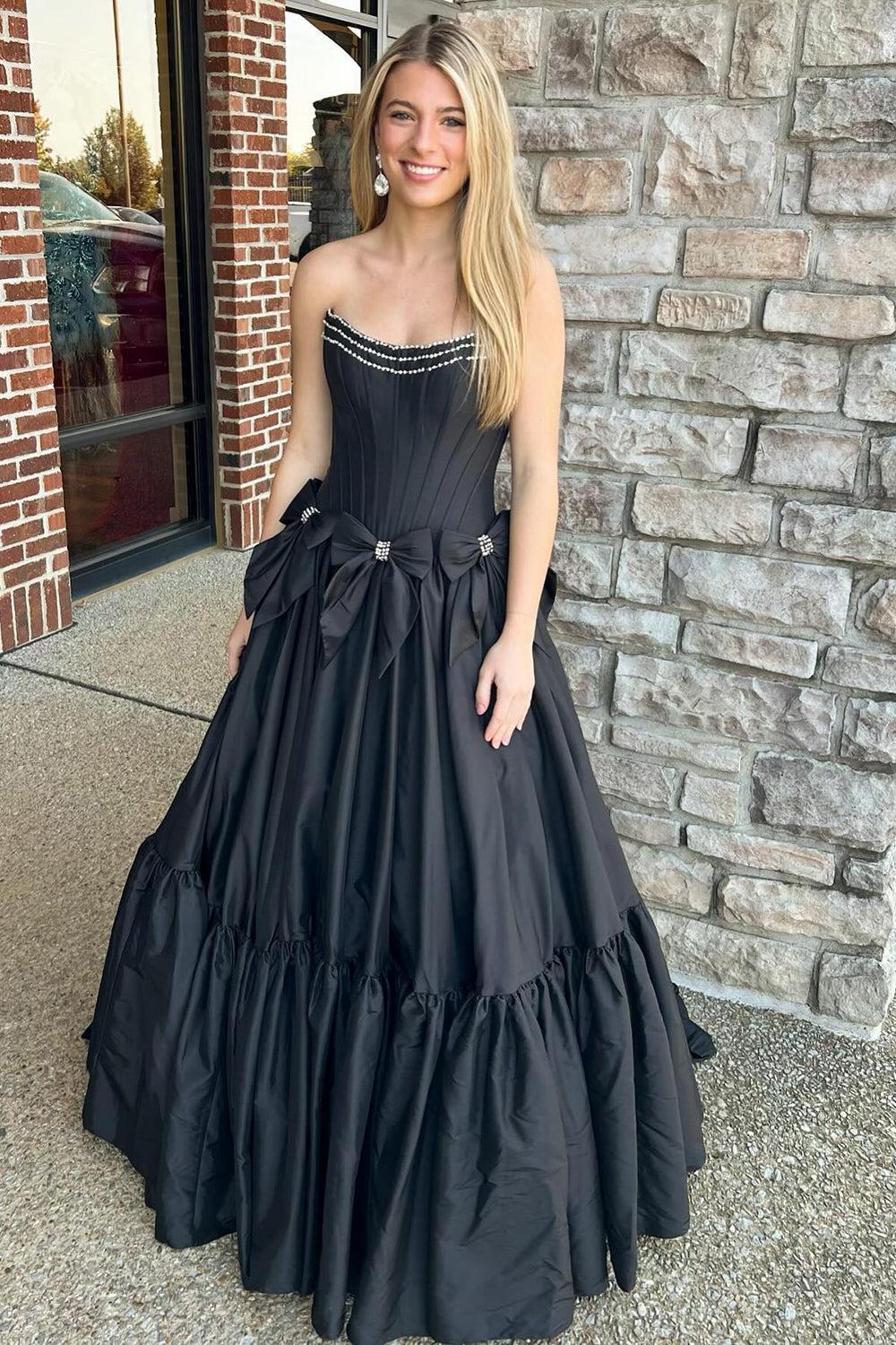 Black Strapless A-Line Satin Long Corset Prom Dress with Bows