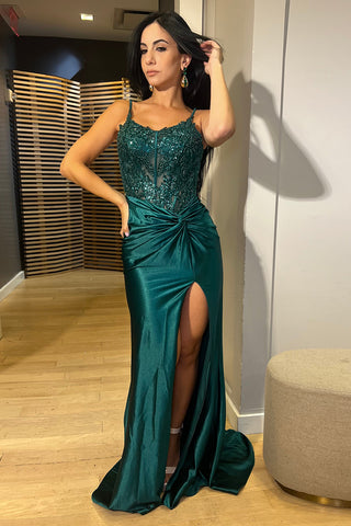 Dark Green Spaghetti Straps Mermaid Satin Long Corset Prom Dress with Beading