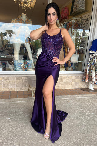 Dark Green Spaghetti Straps Mermaid Satin Long Corset Prom Dress with Beading