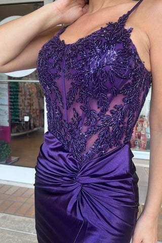 Dark Green Spaghetti Straps Mermaid Satin Long Corset Prom Dress with Beading