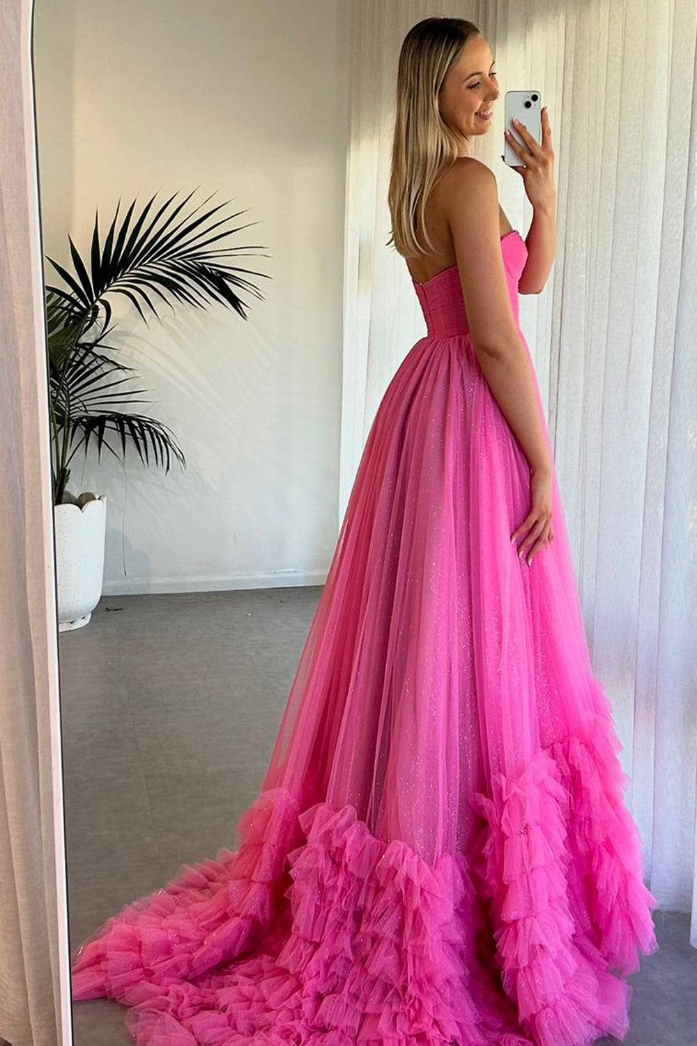 Sparkly Sweetheart Tulle A-Line Ruffled Long Corset Prom Dress with Slit