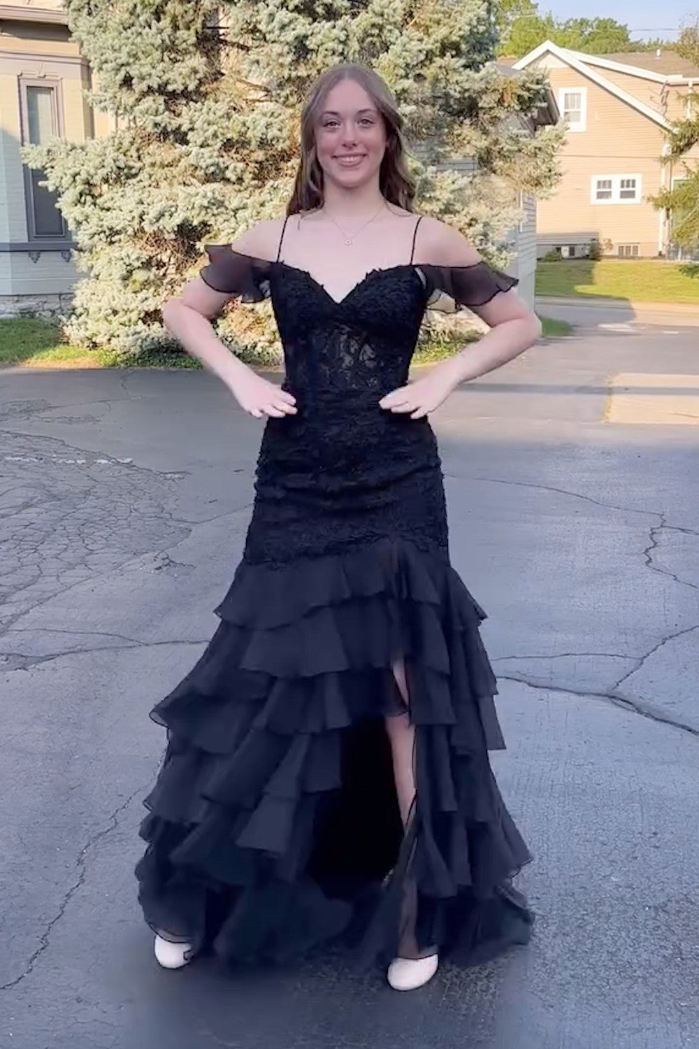 Black Cold Shoulder Chiffon Tiered Mermaid Long Prom Dress with Appliques