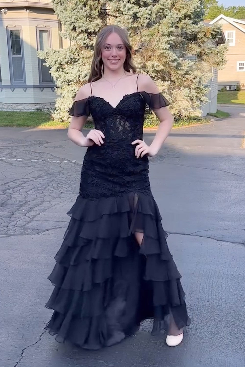 Black Cold Shoulder Chiffon Tiered Mermaid Long Prom Dress with Appliques