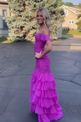 Black Cold Shoulder Chiffon Tiered Mermaid Long Prom Dress with Appliques