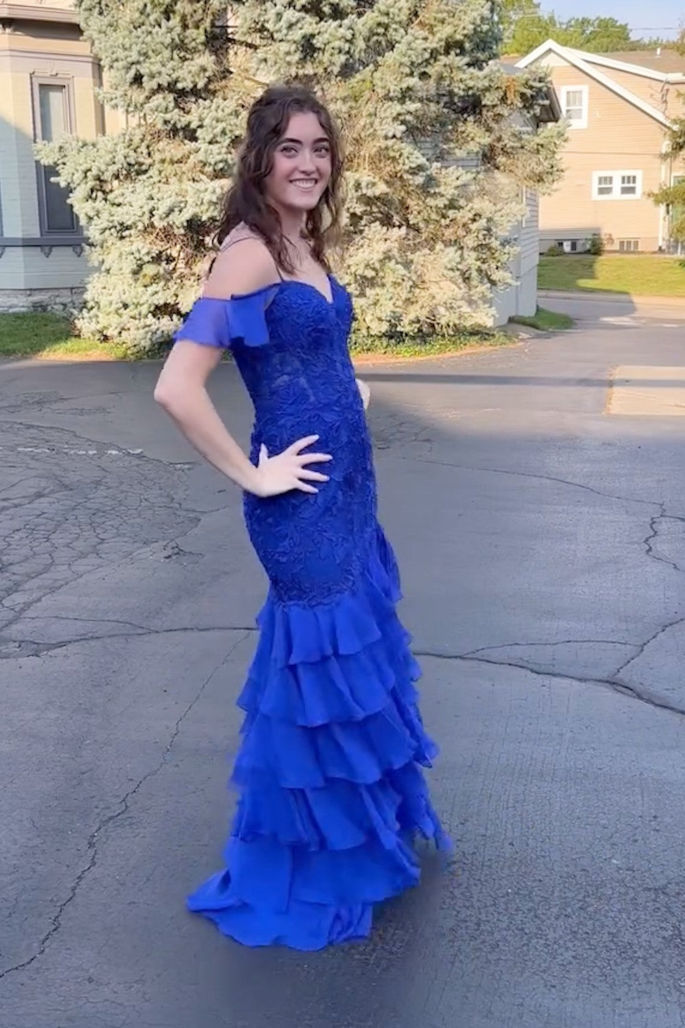 Black Cold Shoulder Chiffon Tiered Mermaid Long Prom Dress with Appliques