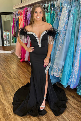 Black Off the Shoulder Mermaid Satin Long Prom Dress with Sequins