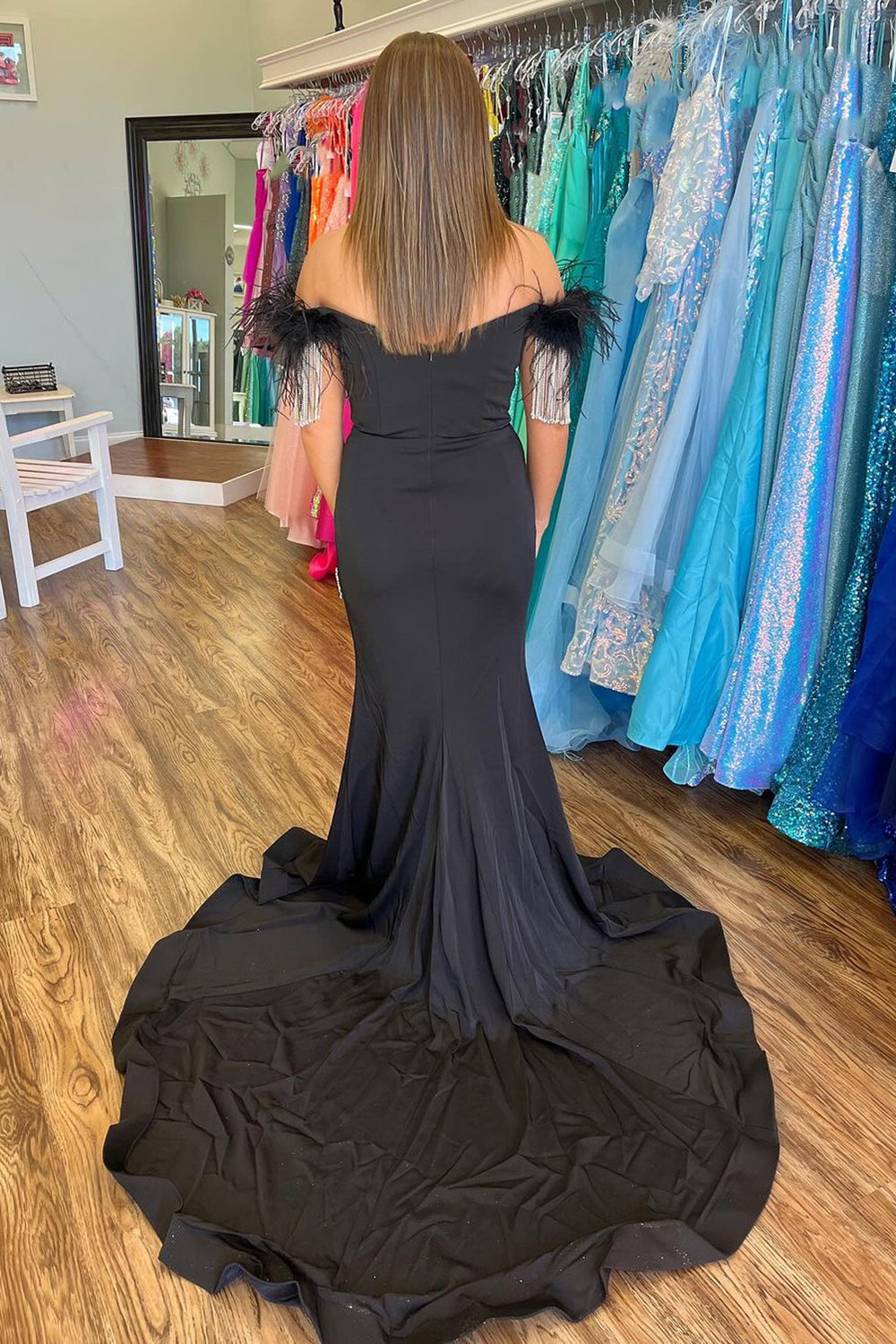 Black Off the Shoulder Mermaid Satin Long Prom Dress with Sequins