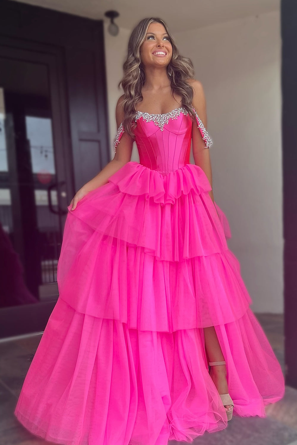 Fuchsia Off the Shoulder A-Line Tulle Tiered Long Corset Prom Dress with Slit