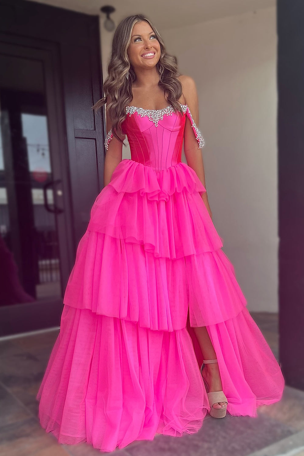 Fuchsia Off the Shoulder A-Line Tulle Tiered Long Corset Prom Dress with Slit