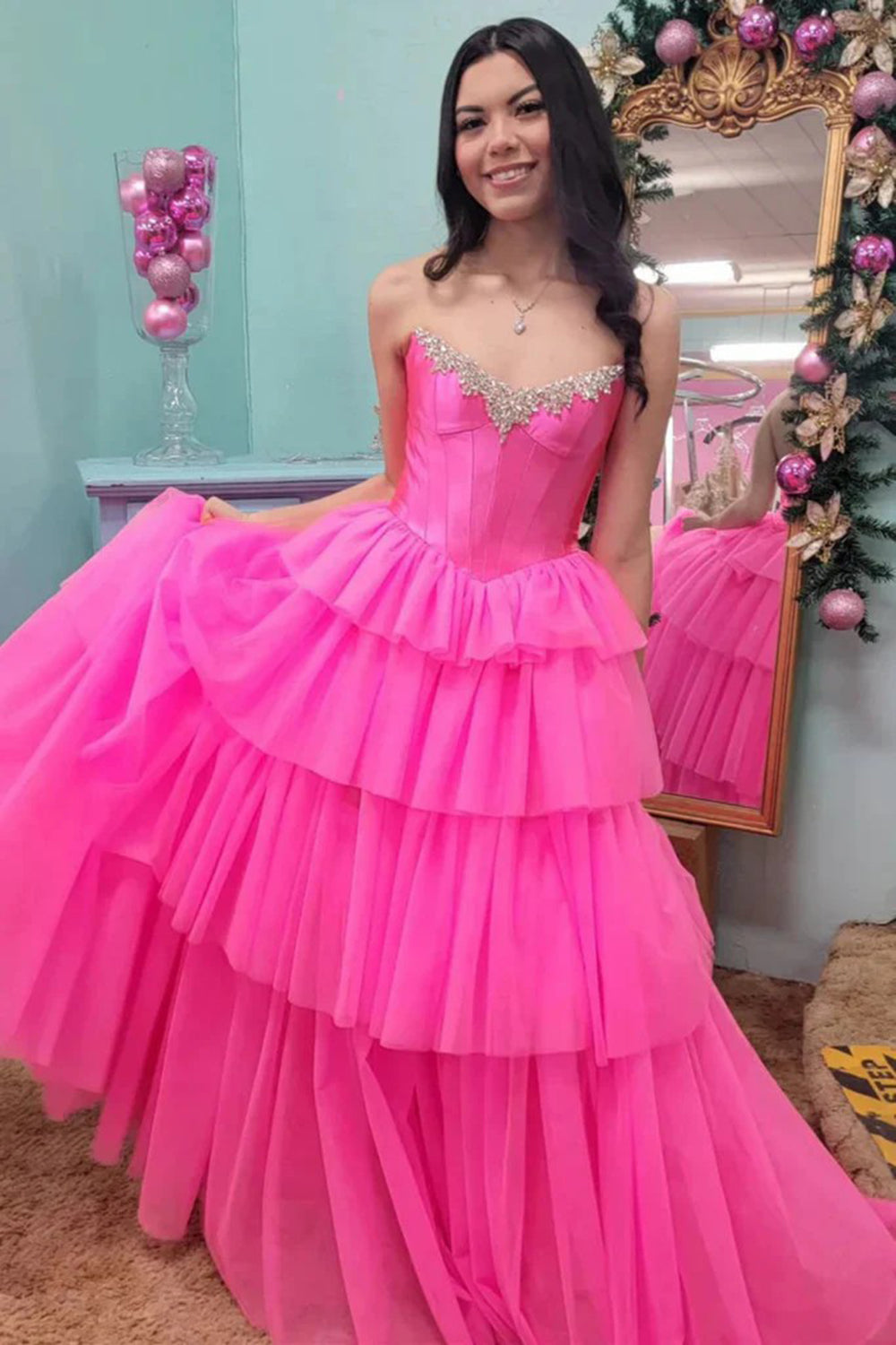 Fuchsia Off the Shoulder A-Line Tulle Tiered Long Corset Prom Dress with Slit