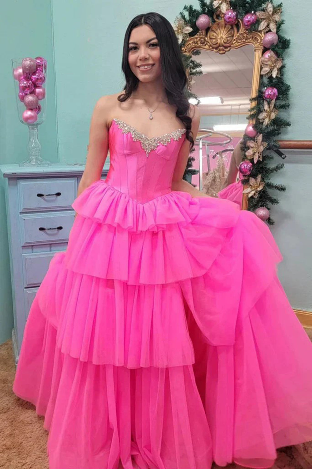 Fuchsia Off the Shoulder A-Line Tulle Tiered Long Corset Prom Dress with Slit