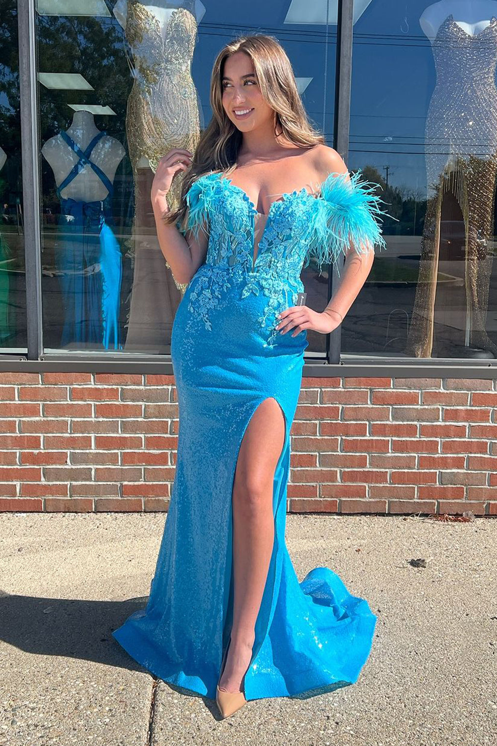 Sparkly Blue Off the Shoulder Mermaid Sequins Long Corset Prom Dress with Feather