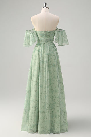 Sage Green Off the Shoulder A-Line Chiffon Ruched Long Prom Dress with Slit