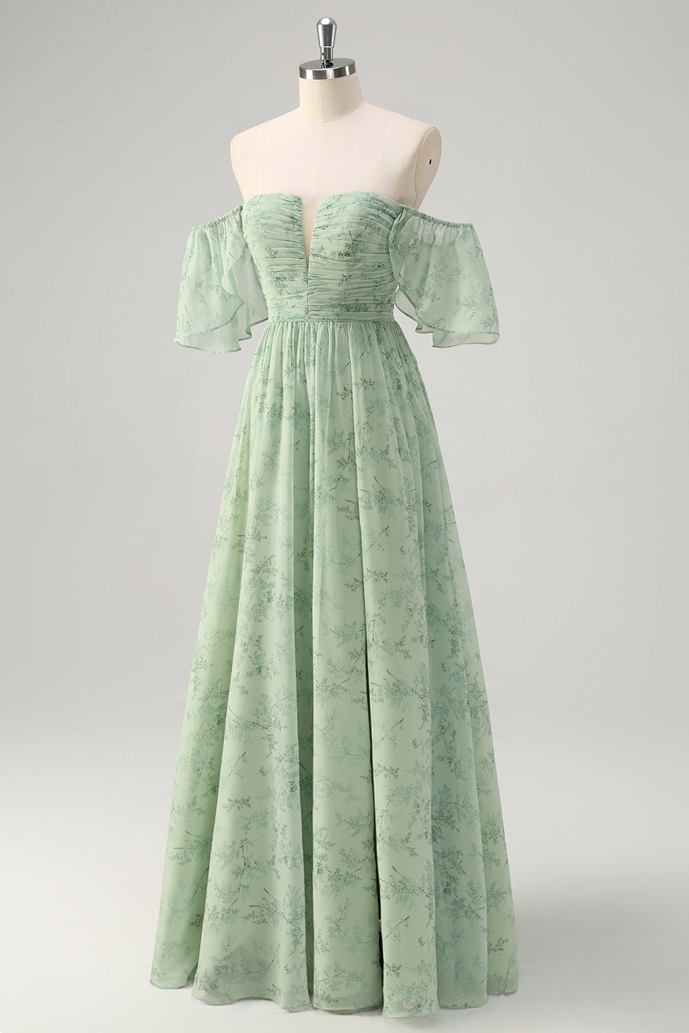 Sage Green Off the Shoulder A-Line Chiffon Ruched Long Prom Dress with Slit