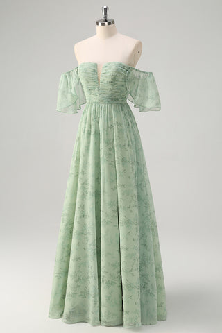 Sage Green Off the Shoulder A-Line Chiffon Ruched Long Prom Dress with Slit