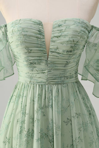 Sage Green Off the Shoulder A-Line Chiffon Ruched Long Prom Dress with Slit