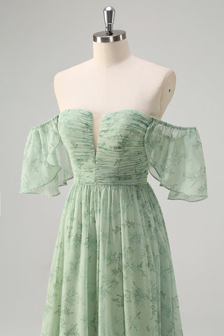 Sage Green Off the Shoulder A-Line Chiffon Ruched Long Prom Dress with Slit
