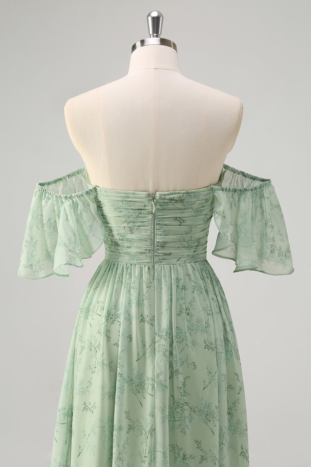 Sage Green Off the Shoulder A-Line Chiffon Ruched Long Prom Dress with Slit