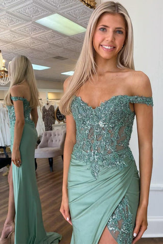 Green Off the Shoulder Mermaid Appliqued Long Corset Prom Dress with Slit 