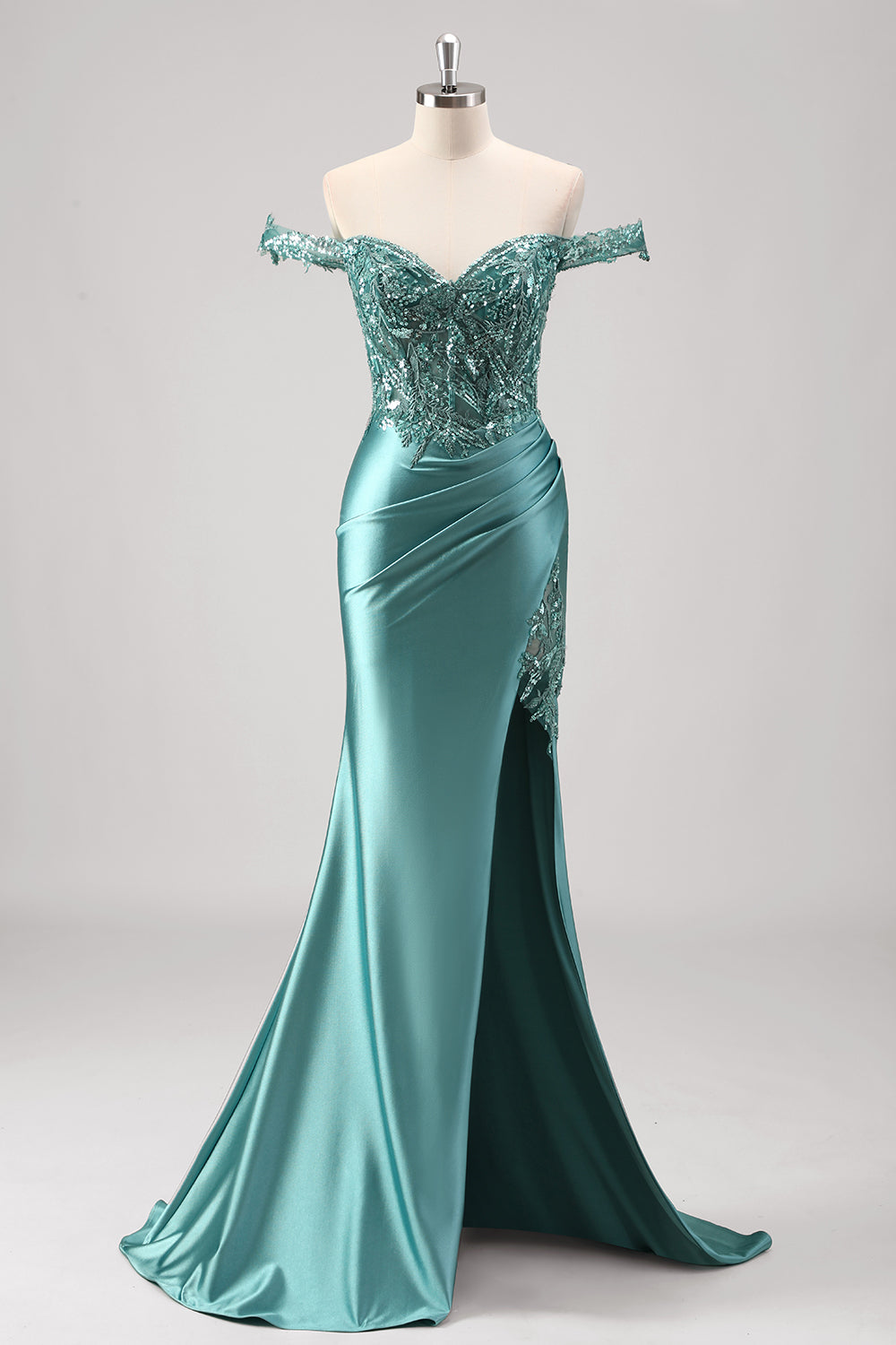Grey Green Off the Shoulder Mermaid Satin Long Corset Prom Dress with Appliques