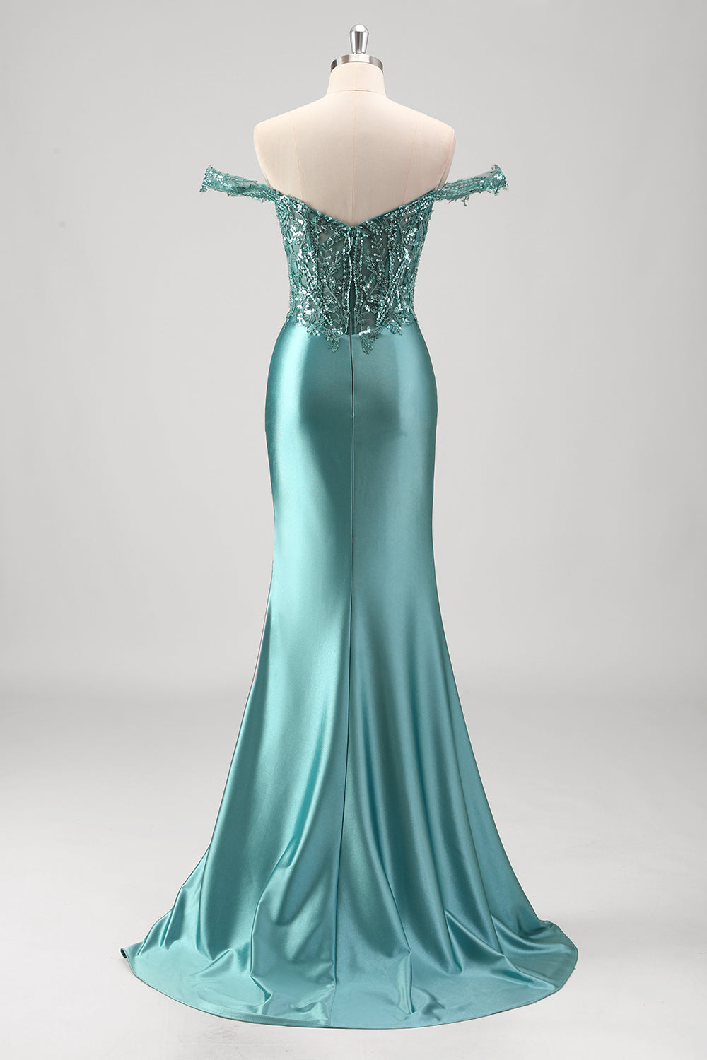 Grey Green Off the Shoulder Mermaid Satin Long Corset Prom Dress with Appliques