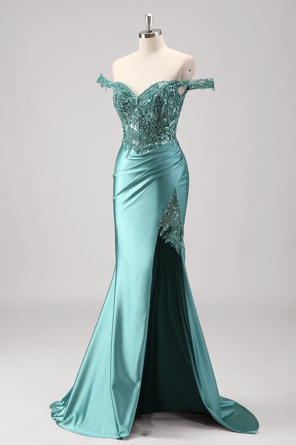 Grey Green Off the Shoulder Mermaid Satin Long Corset Prom Dress with Appliques