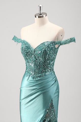 Grey Green Off the Shoulder Mermaid Satin Long Corset Prom Dress with Appliques