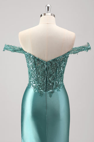 Grey Green Off the Shoulder Mermaid Satin Long Corset Prom Dress with Appliques