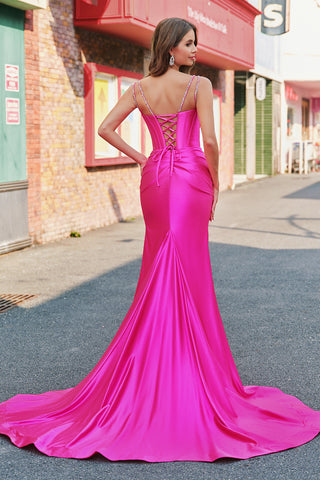 Fuchsia Spaghetti Straps Mermaid Satin Long Corset Prom Dress with Slit