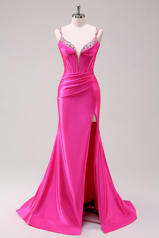 Fuchsia Spaghetti Straps Mermaid Satin Long Corset Prom Dress with Slit