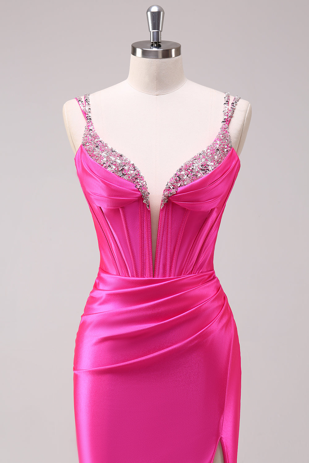 Fuchsia Spaghetti Straps Mermaid Satin Long Corset Prom Dress with Slit