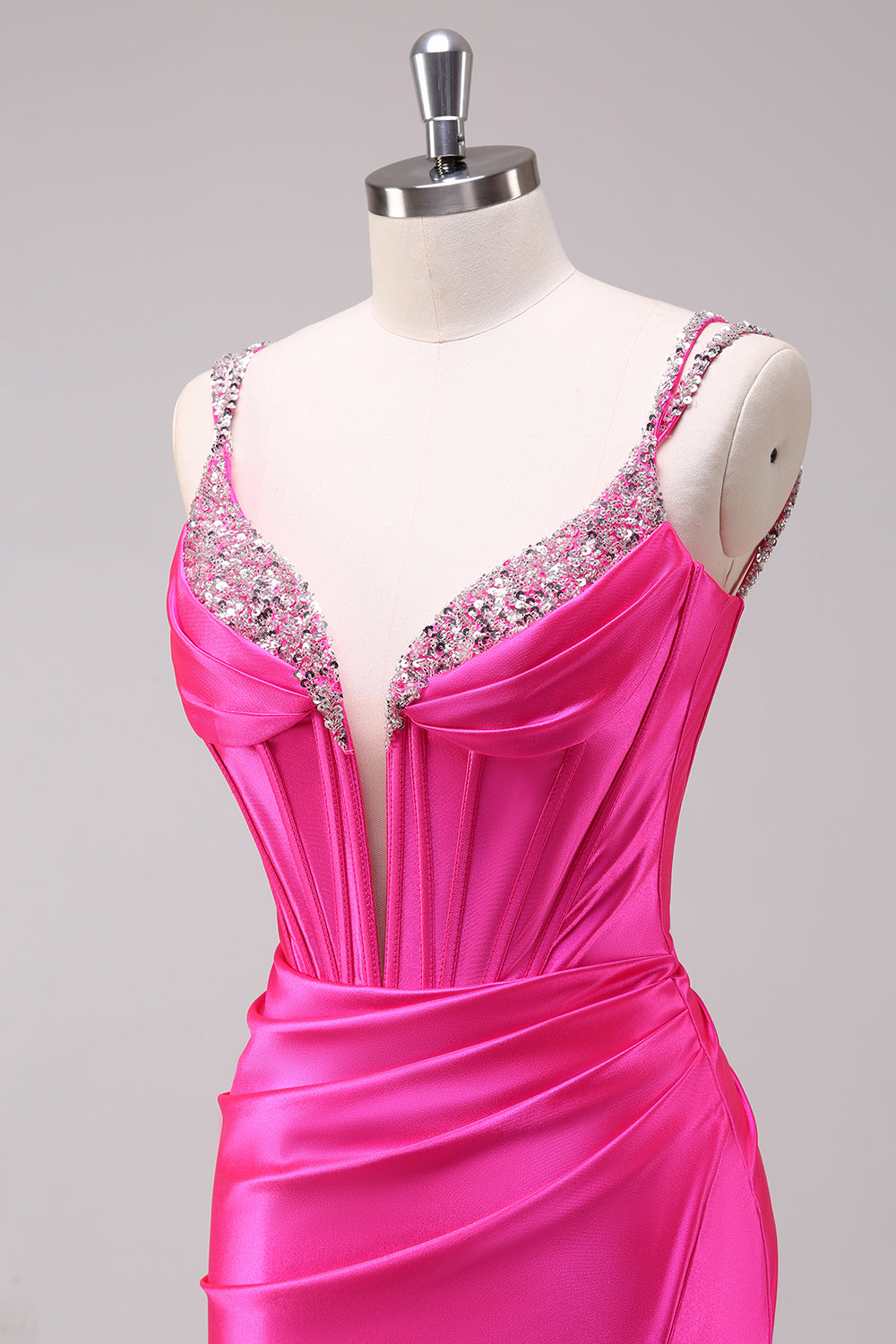 Fuchsia Spaghetti Straps Mermaid Satin Long Corset Prom Dress with Slit