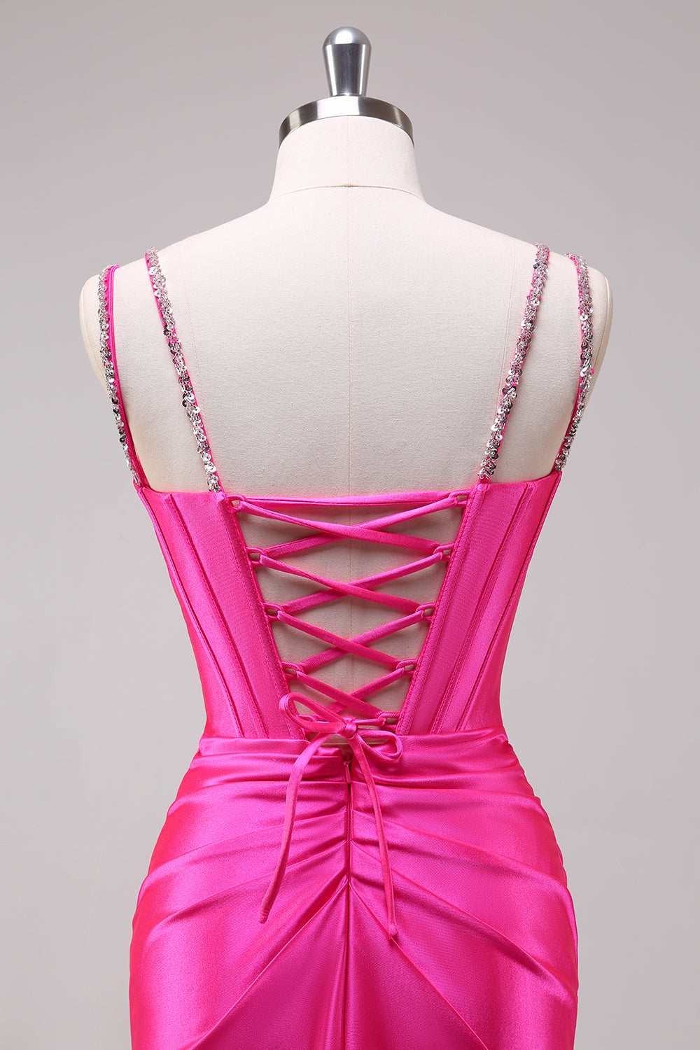 Fuchsia Spaghetti Straps Mermaid Satin Long Corset Prom Dress with Slit