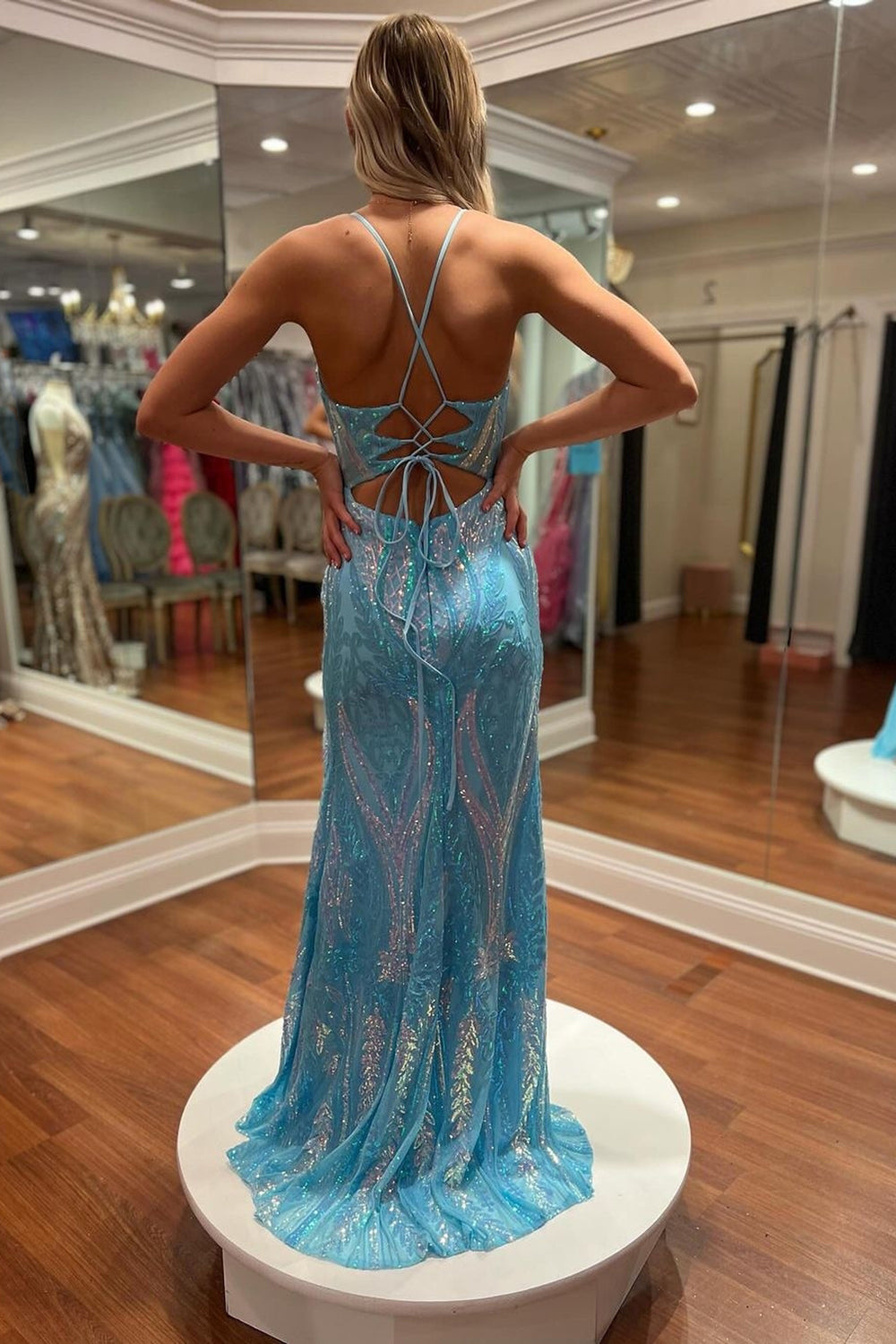 Sparkly Blue Spaghetti Straps Mermaid Sequins Long Prom Dress with Slit