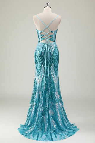 Sparkly Blue Mermaid Spaghetti Straps Sequins Long Corset Prom Dress with Slit