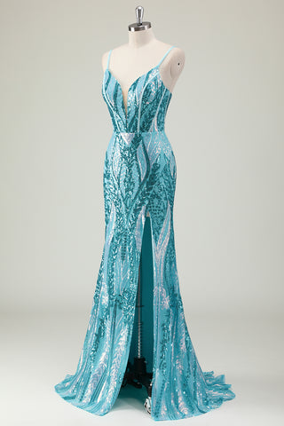 Sparkly Blue Mermaid Spaghetti Straps Sequins Long Corset Prom Dress with Slit