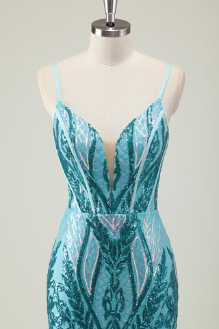 Sparkly Blue Mermaid Spaghetti Straps Sequins Long Corset Prom Dress with Slit
