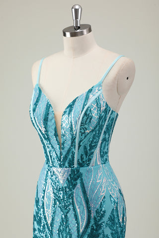 Sparkly Blue Mermaid Spaghetti Straps Sequins Long Corset Prom Dress with Slit