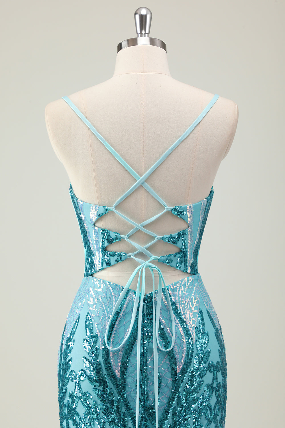 Sparkly Blue Mermaid Spaghetti Straps Sequins Long Corset Prom Dress with Slit