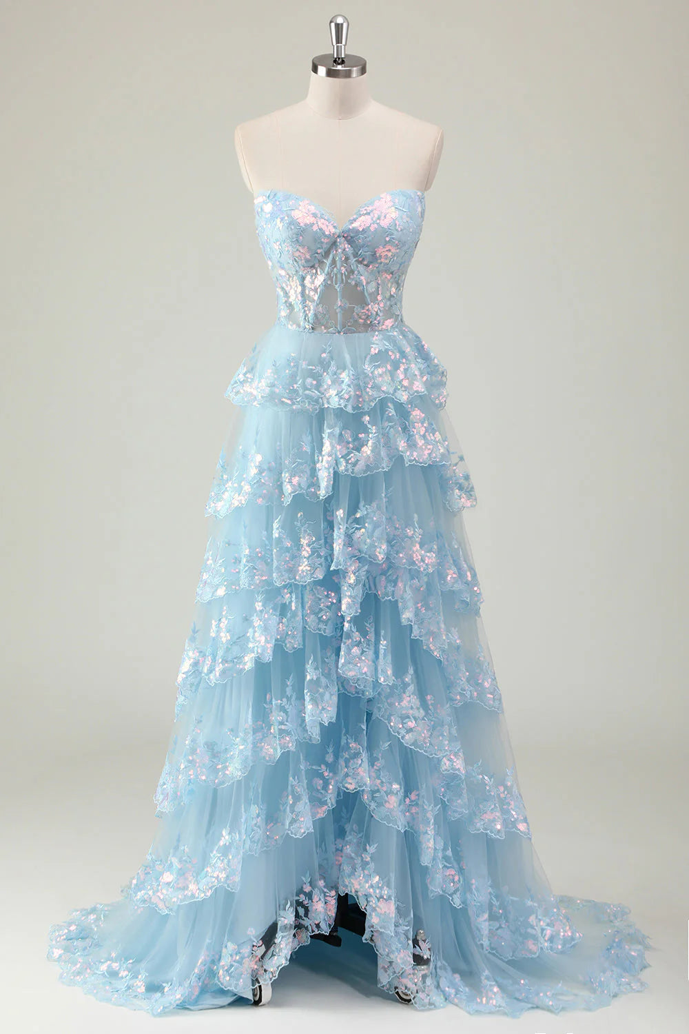 Sparkly Blue Sweetheart Sequins A-Line Ruffled Long Corset Prom Dress with Slit