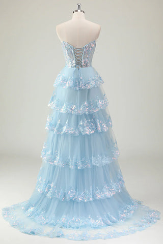 Sparkly Blue Sweetheart Sequins A-Line Ruffled Long Corset Prom Dress with Slit