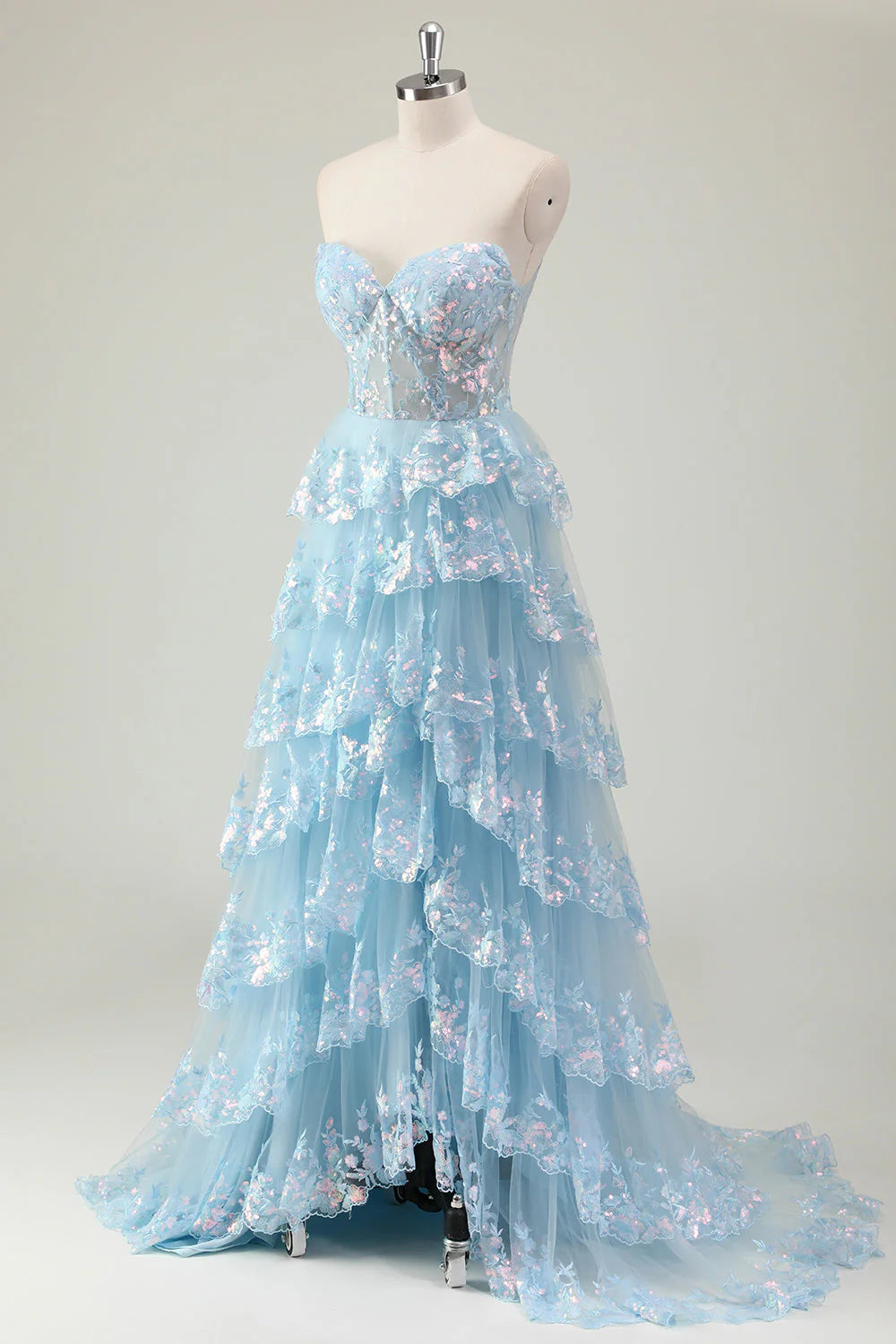 Sparkly Blue Sweetheart Sequins A-Line Ruffled Long Corset Prom Dress with Slit