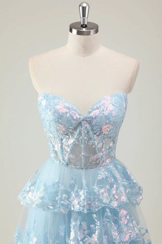 Sparkly Blue Sweetheart Sequins A-Line Ruffled Long Corset Prom Dress with Slit