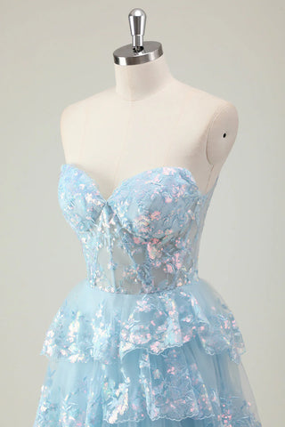 Sparkly Blue Sweetheart Sequins A-Line Ruffled Long Corset Prom Dress with Slit