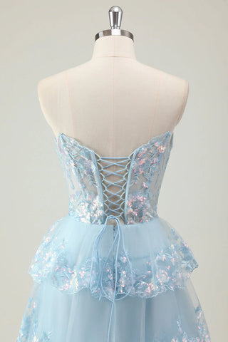 Sparkly Blue Sweetheart Sequins A-Line Ruffled Long Corset Prom Dress with Slit